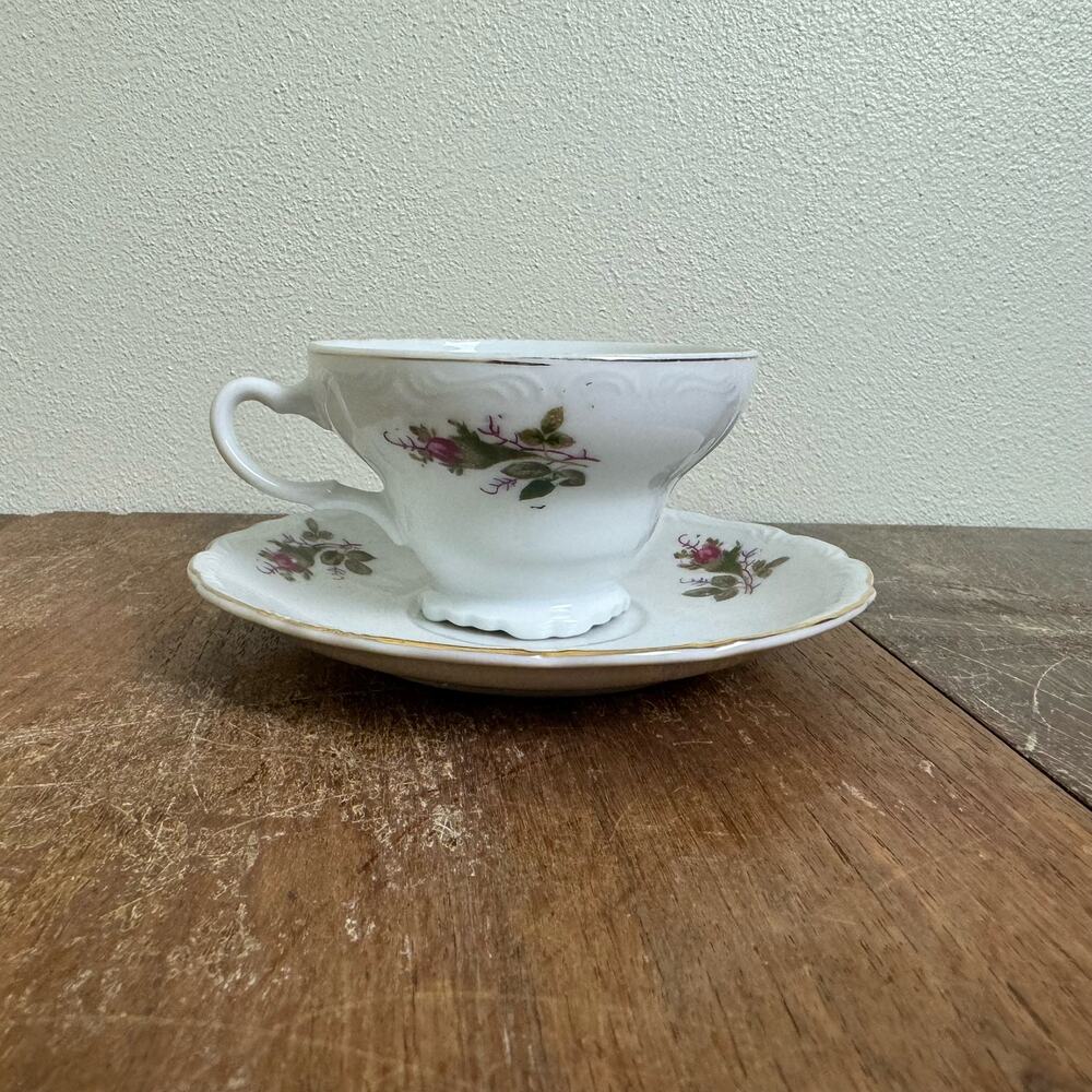 Vintage Porcelain Pink Rose Bud Transferware Tea cup and Saucer
